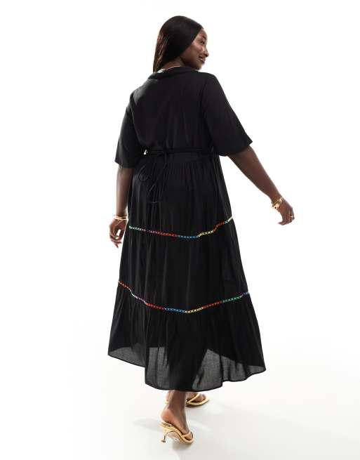 Never Fully Dressed Plus embroidered contrast stitch midaxi shirt dress in  black