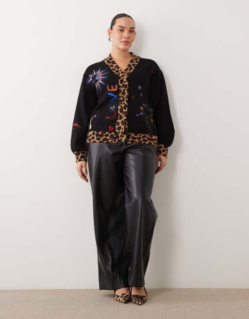 Never Fully Dressed Plus embroidered knit v neck contrast trim cardigan in black, 2 of 4