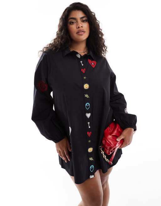 Never Fully Dressed Plus embroidered mini shirt dress in black