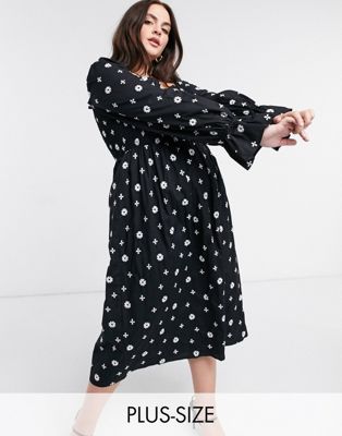 Never Fully Dressed Plus embroidered puff sleeve shirred midi dress in black cross print | ASOS