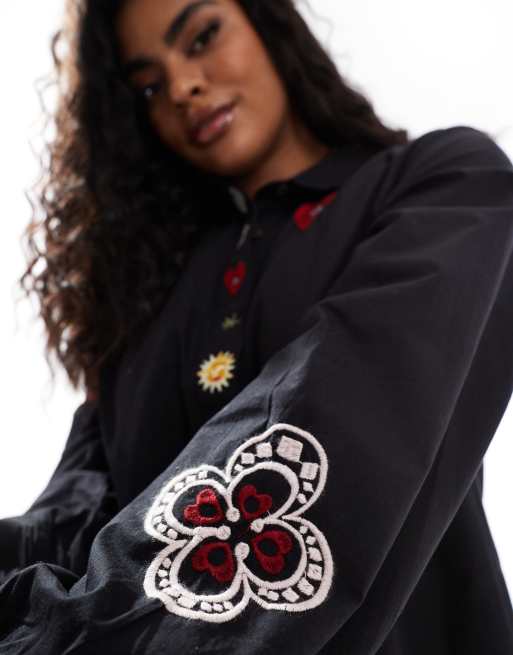 Never Fully Dressed Plus embroidered shirt mini dress in black | ASOS