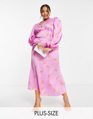 Never Fully Dressed Plus exclusive balloon sleeve maxi dress in orange lobster print