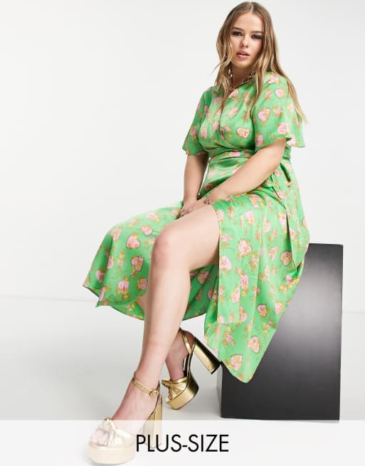 Never Fully Dressed Plus – Exclusive – Grön, kärleksmönstrad midiklänning i omlottdesign