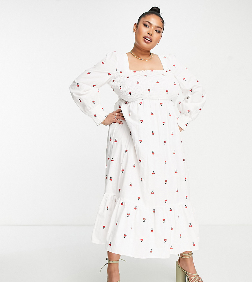 Plus-size dress by Never Fully Dressed Cute dress Embroidered cherry design Square neck front and back Shirred bodice Dropped hem Regular fit