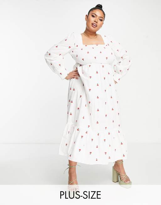 Never Fully Dressed Plus Exclusive shirred smock maxi dress in white cherry print