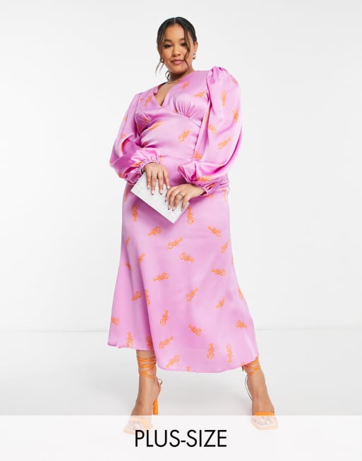 Never Fully Dressed Plus Exclusive – Sukienka maxi z balonowymi rękawami w pomarańczowy wzór w homary
