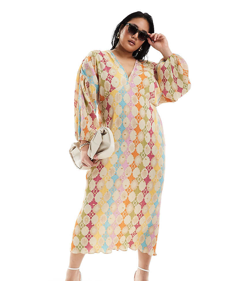 Never Fully Dressed Plus Flared Sleeve Midaxi Dress In Bright Geo Print-multi