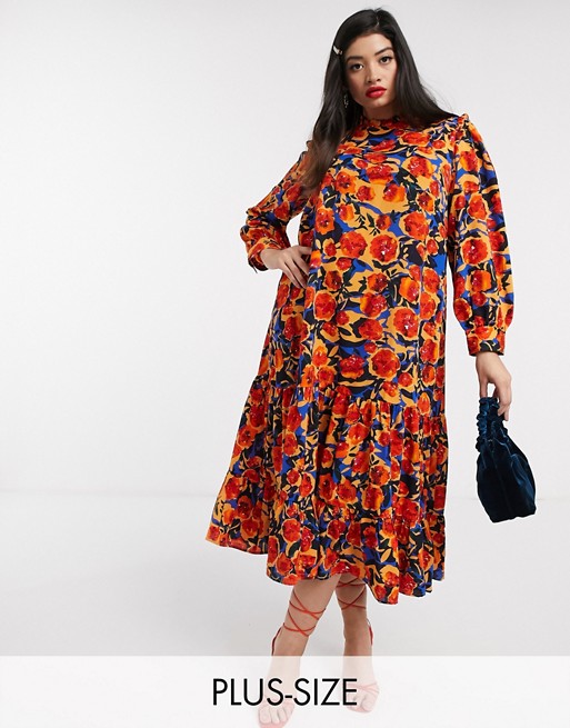 Never Fully Dressed Plus frill neck swing midaxi dress in contrast floral print