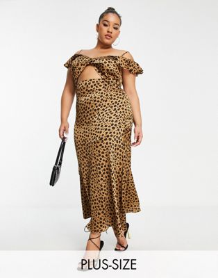 Never Fully Dressed Plus frill sleeve cut-out maxi dress in leopard-Brown