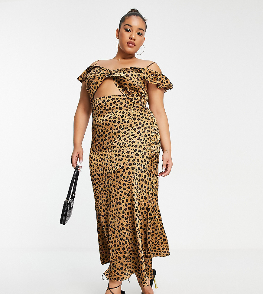 Never Fully Dressed Plus frill sleeve cut-out maxi dress in leopard-Brown