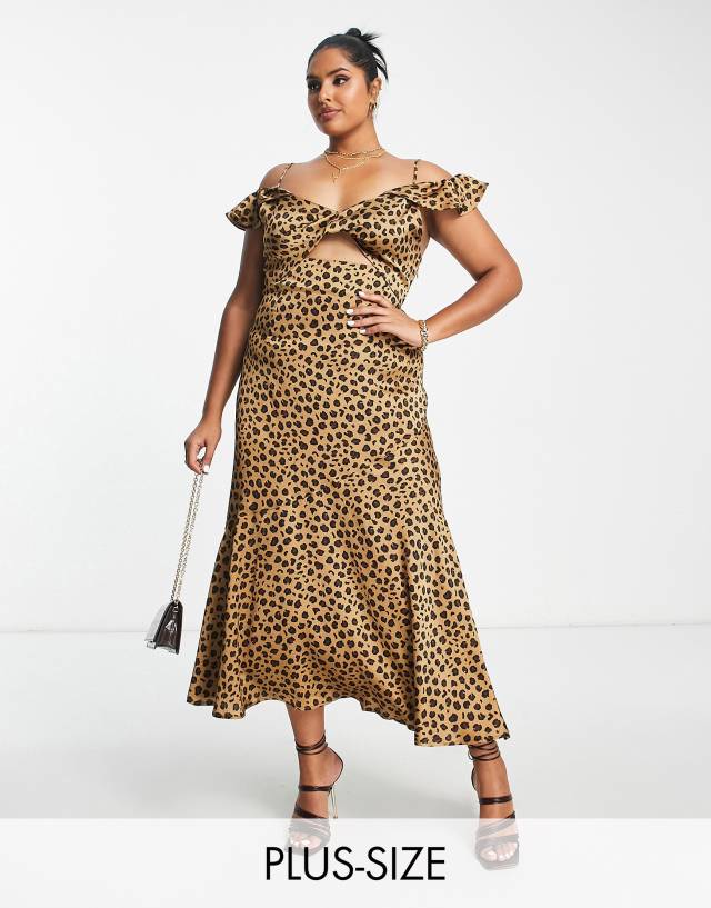 Never Fully Dressed Plus - frill sleeve cut-out maxi dress in leopard