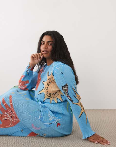 Never Fully Dressed Plus Gaia plisse long sleeve midi dress in celestial blue print - view 1