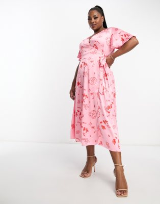 Never Fully Dressed Plus - Gebundenes Midi-Wickelkleid in Rosa mit „La Mer"-Prints