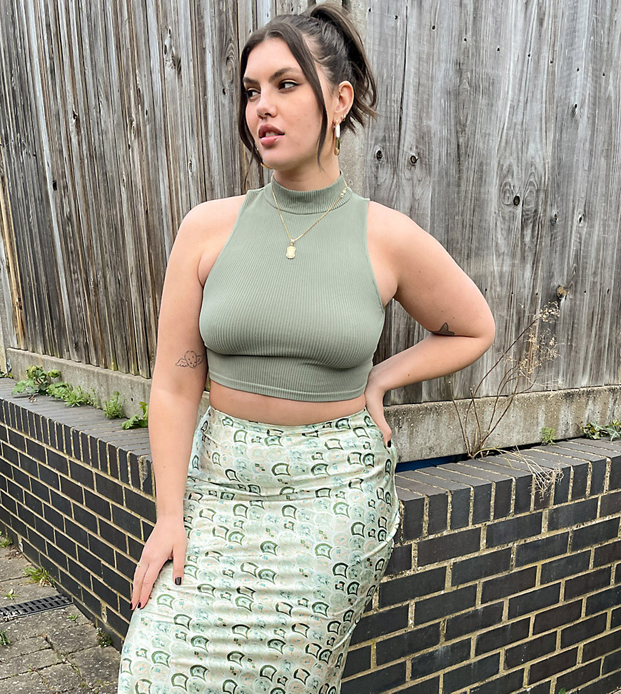 Never Fully Dressed Plus geometric tile print coordinating midi slip skirt in green