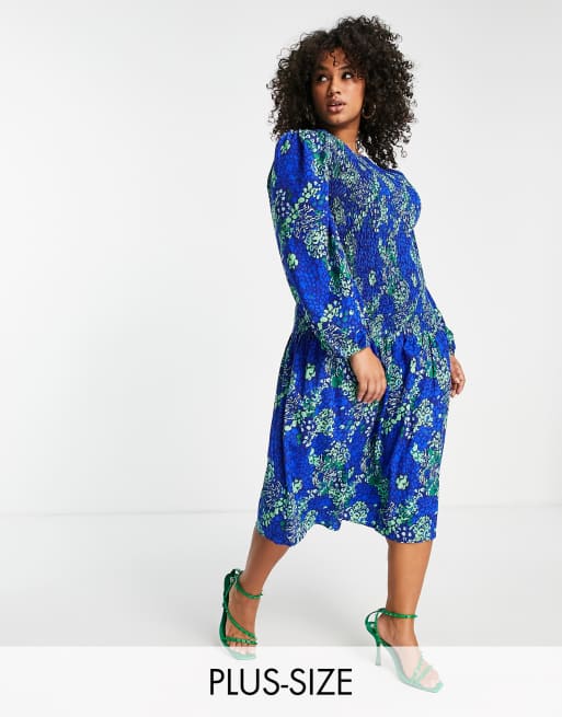 Never Fully Dressed Plus - Halflange gesmokte jurk in blauw met luipaardprint