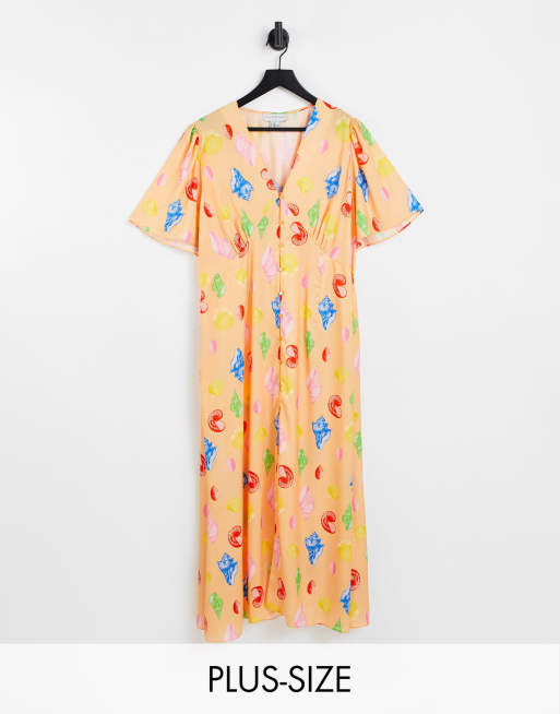 Never Fully Dressed Plus - Halflange jurk met knopen en zeeschelpenprint in oranje