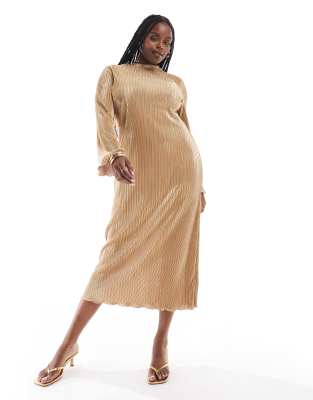 Never Fully Dressed Plus high neck plisse maxi dress in gold