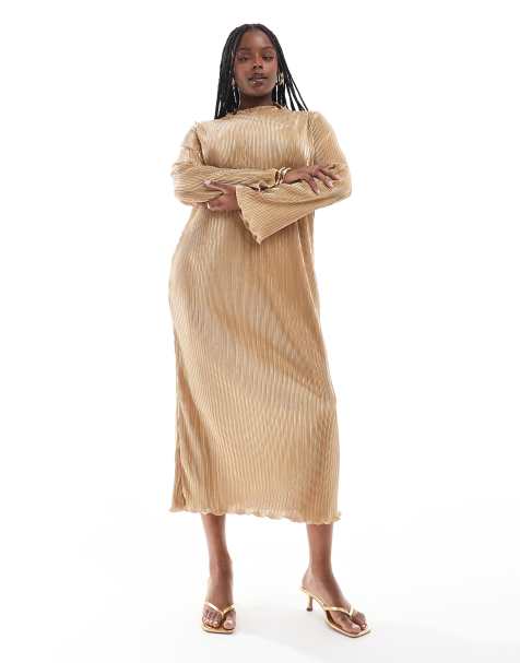 Never Fully Dressed Plus high neck plisse maxi dress in gold - view 1