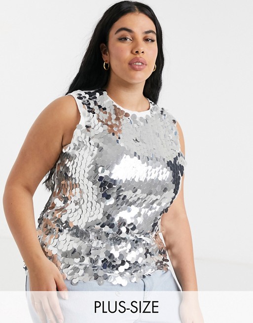 Never Fully Dressed Plus high neck sequin disc top in silver | ASOS