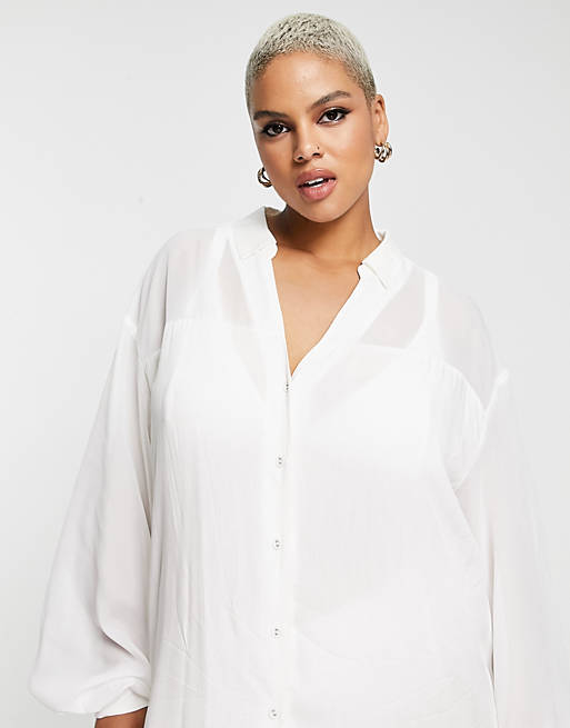 Never Dressed Plus- Hvid skjorte-midikjole gennemsigtige | ASOS
