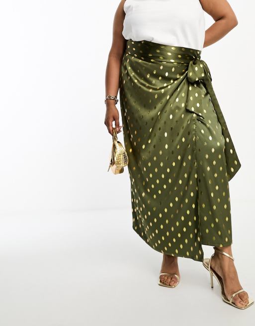 Never Fully Dressed Plus – Jaspre – Midi-Wickelrock in Khaki mit Goldklecksen, Kombiteil