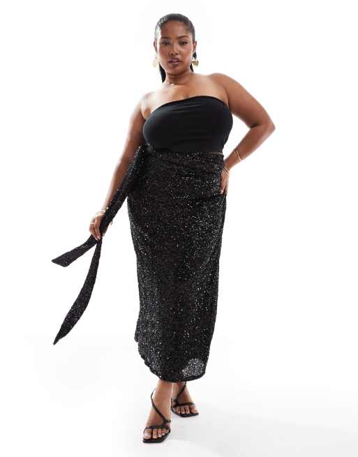 Never Fully Dressed Plus Jaspre sequin wrap maxi skirt in black