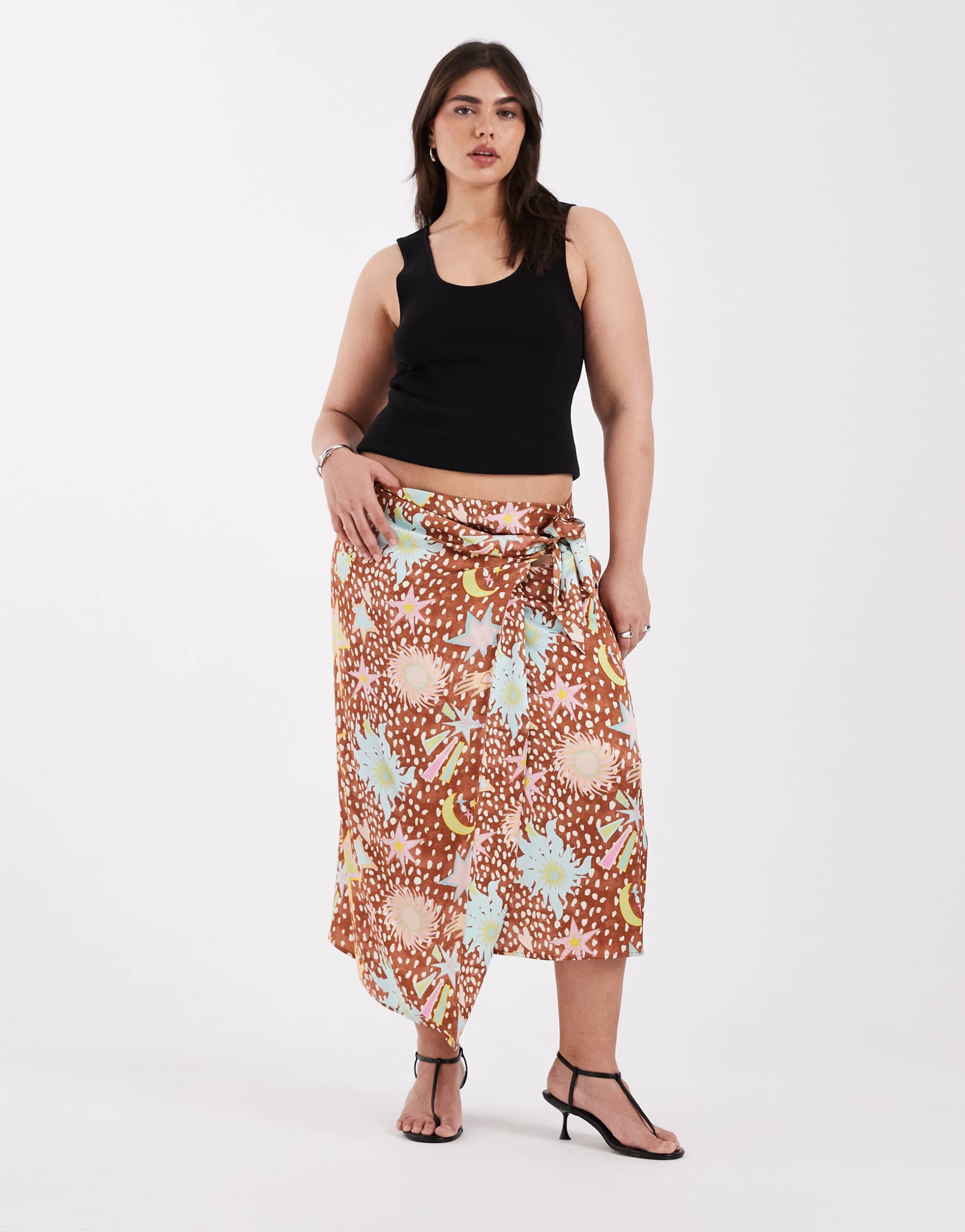 never fully dressed plus jaspre tie side midi satin wrap skirt in star fawn print