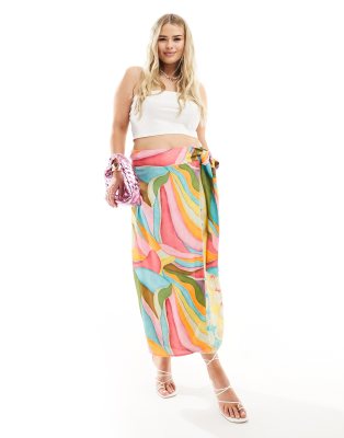 Never Fully Dressed Plus Jaspre wrap midaxi skirt in abstract print-Multi