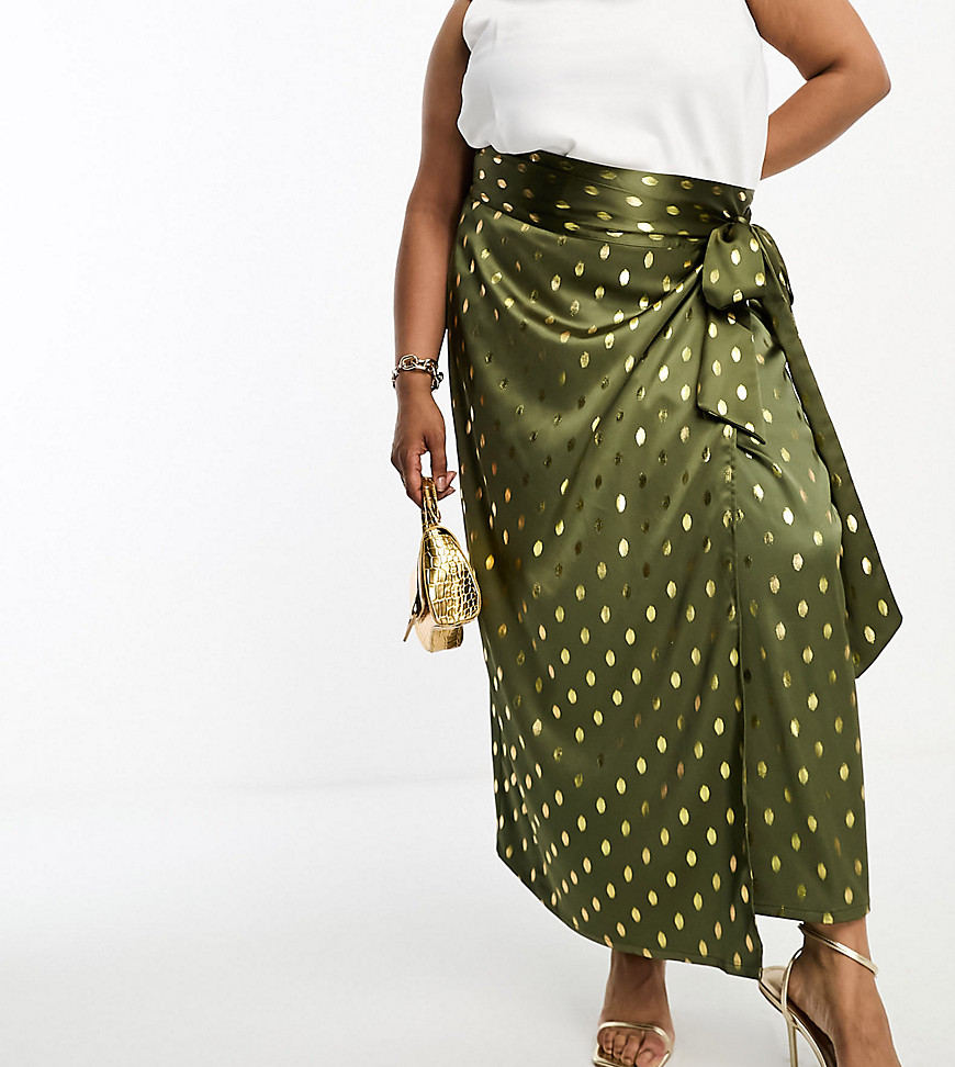 Never Fully Dressed Plus Jaspre wrap midi skirt co-ord in khaki gold fleck-Green
