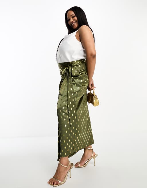 Never Fully Dressed Plus Jaspre wrap midi skirt in khaki gold fleck (part  of a set)