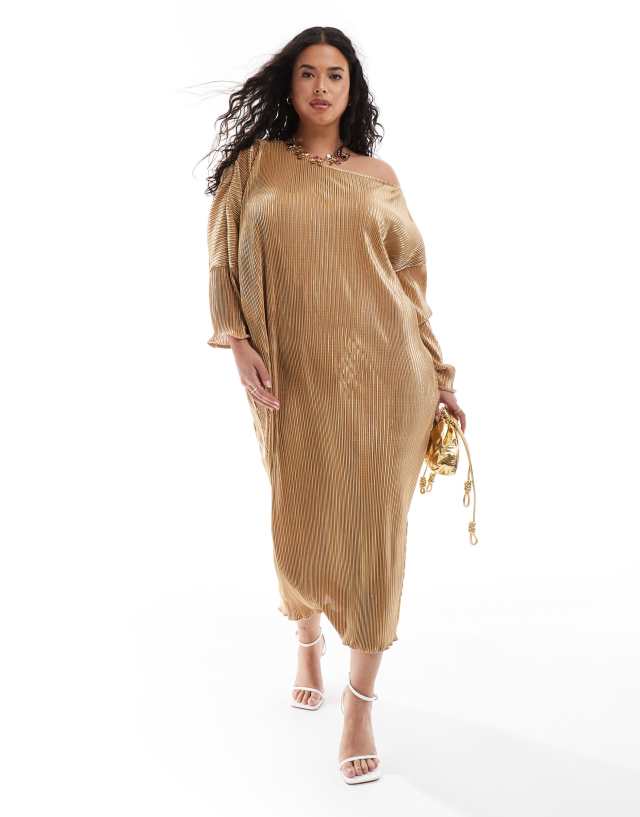 Never Fully Dressed Plus Jem plisse midaxi dress in gold | ASOS