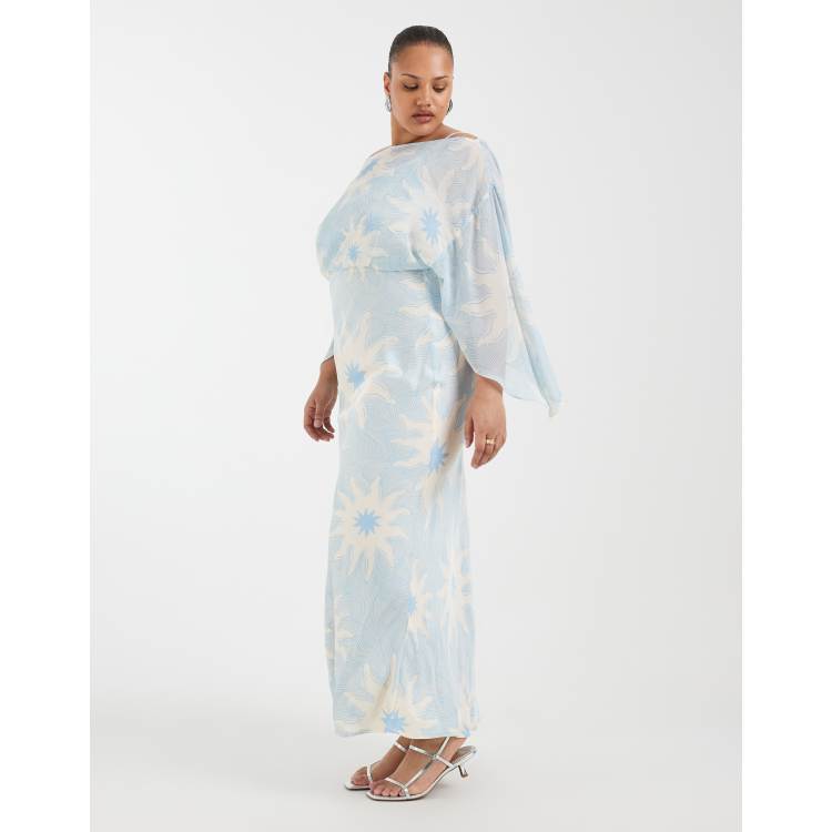 Never Fully Dressed Plus Julianna asymmetric sleeves maxi dress in blue sun  print | ASOS