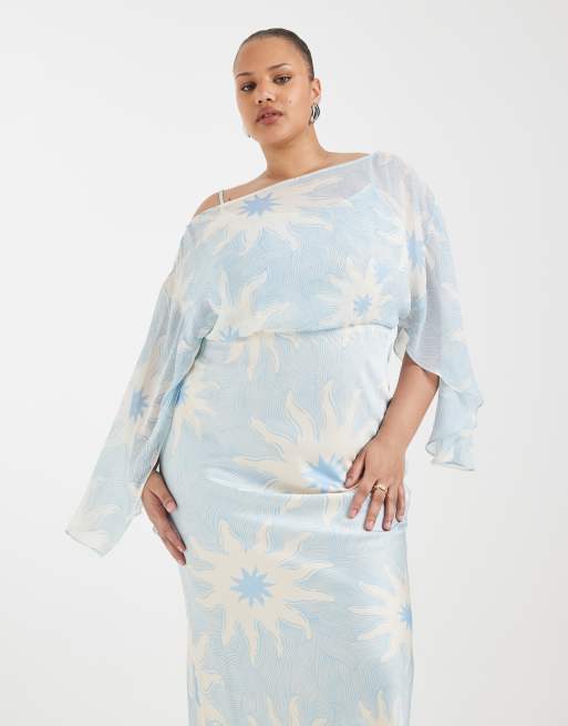 Never Fully Dressed Plus - Julianna - Vestito lungo con maniche asimmetriche blu con stampa soleil, 3 di 4
