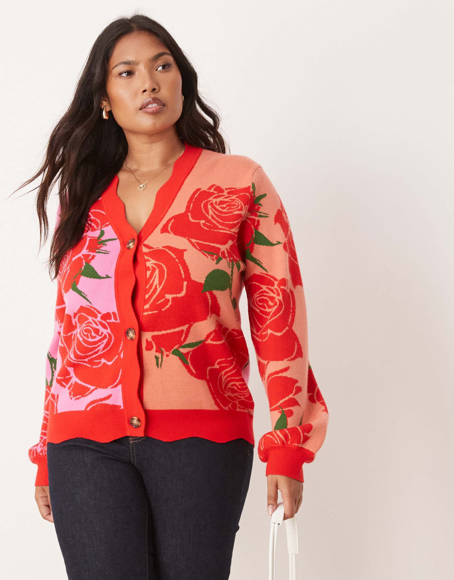 never fully dressed plus knit rose contrast cardigan in pink and red