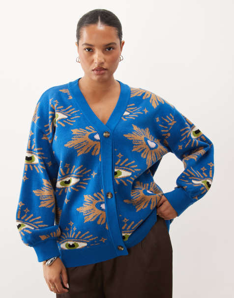 Never Fully Dressed Plus knit v neck longline cardigan in blue celestial print - view 1