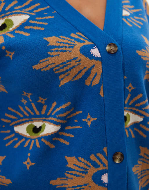 Never Fully Dressed Plus knit v neck longline cardigan in blue celestial print, 3 of 4
