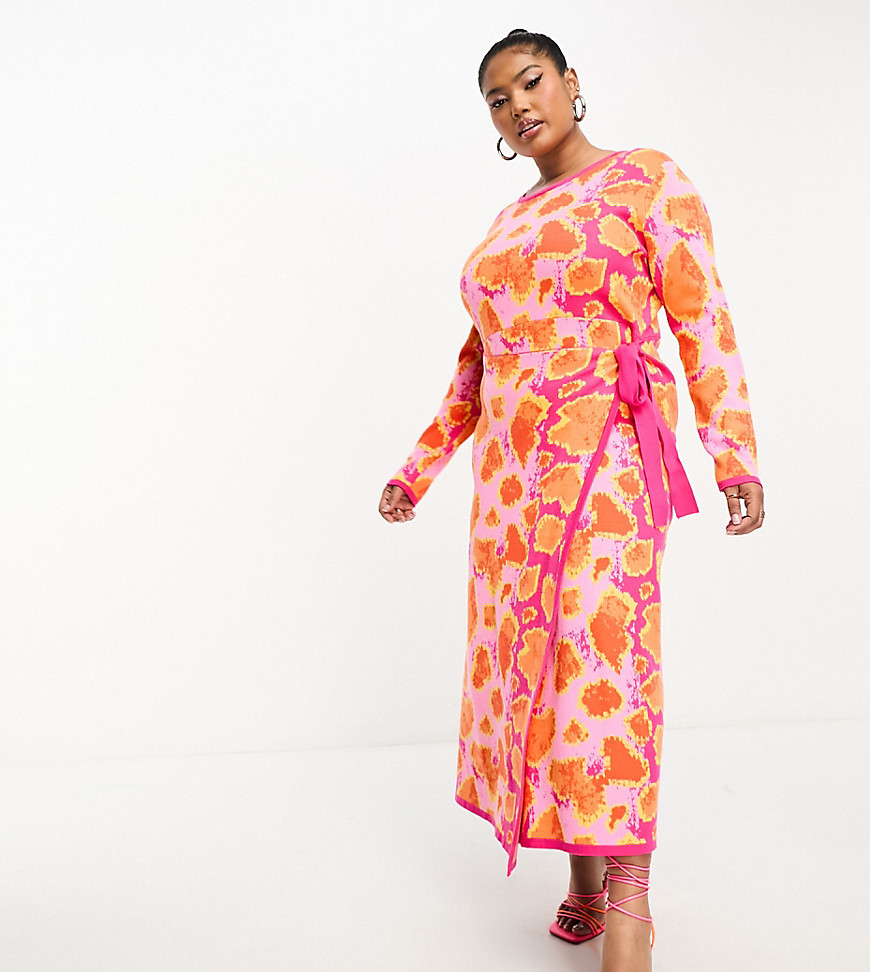 Never Fully Dressed Plus Knit Wrap Midi Dress In Pink And Orange Leopard-multi