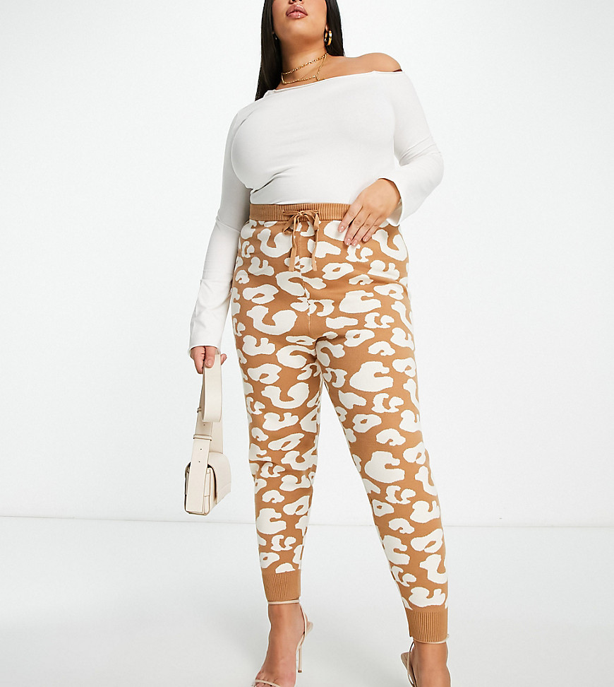 Never Fully Dressed Plus knitted jogger co-ord in leopard print-Brown
