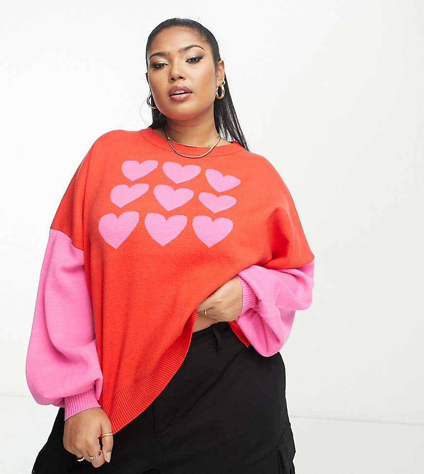 Never Fully Dressed Plus knitted jumper co-ord in red with pink hearts