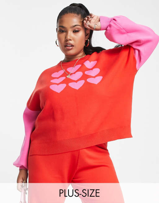Never Fully Dressed Plus knitted jumper in red with pink hearts (part of a set)