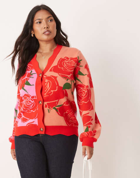 Never Fully Dressed Plus knitted rose contrast cardigan in pink and red - view 1
