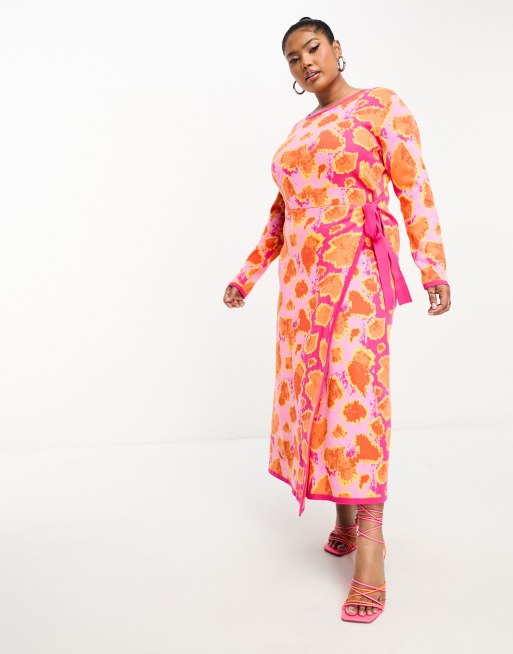 Never Fully Dressed Plus knitted wrap midi dress in pink and orange ...