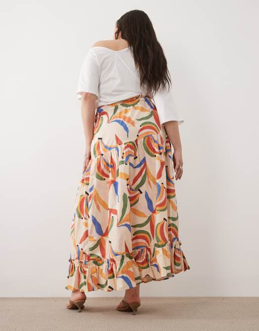 Never Fully Dressed Plus – Kremowa warstwowa spódnica bawełniana maxi ze wzorem w banany, 5 z 5
