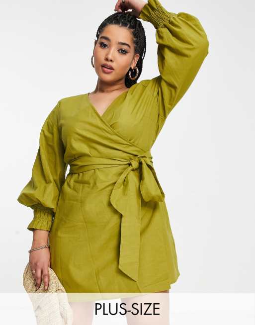 Never Fully Dressed Plus – Kurzes Hemdkleid in Olivgrün mit Ballonärmeln