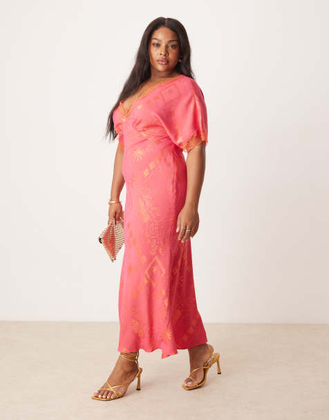 Never Fully Dressed Plus lace trim print midaxi dress in red and pink
