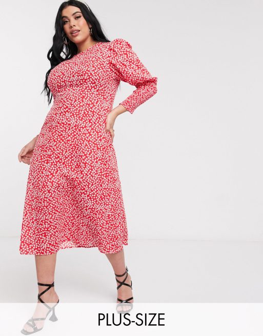 Never Fully Dressed Plus – Langärmliges Midaxikleid in Rot mit Blumendruck