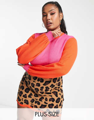 Never Fully Dressed Plus - Langærmet Minikjole Med Kontrastdesign I Rød/Lyserød/Leopardprint-Multifarvet