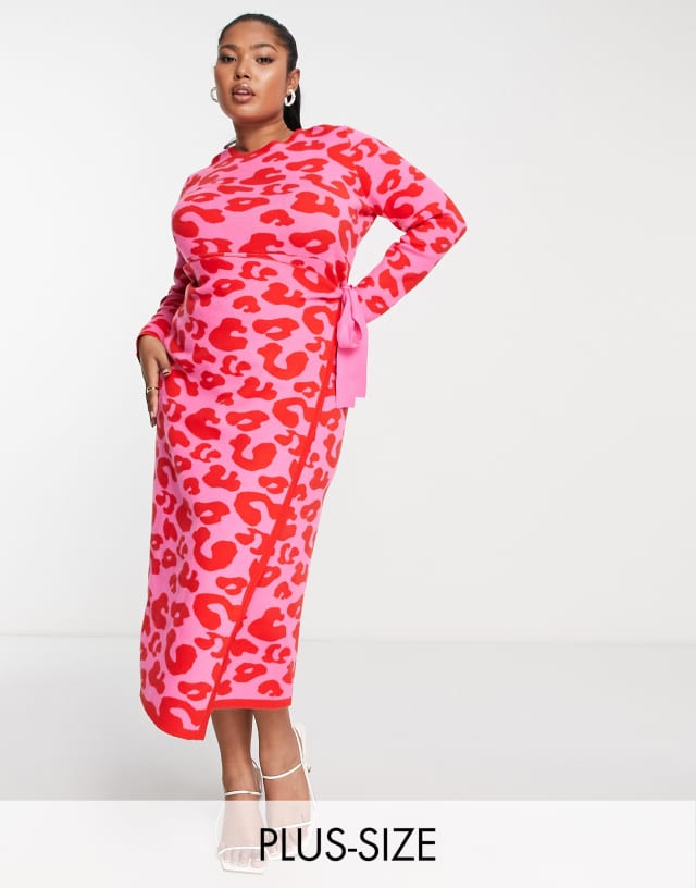 Never Fully Dressed Plus leopard knit wrap midi dress in pink and red