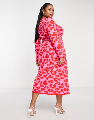 Never Fully Dressed Plus leopard knit wrap midi dress in pink and red | ASOS