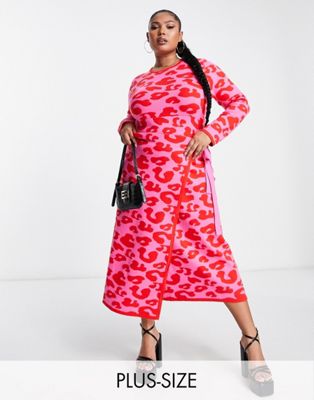 Never Fully Dressed Plus leopard knitted wrap midi dress in pink and red